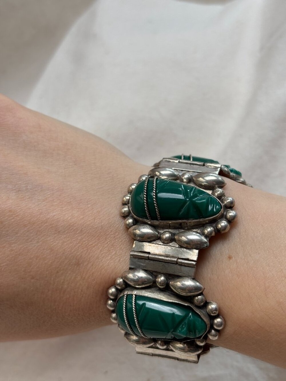 Vintage Sterling Silver + Green Onyx Mexican Bracelet